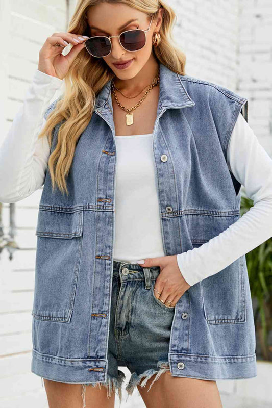 Button Down Collared Neck Denim Jacket