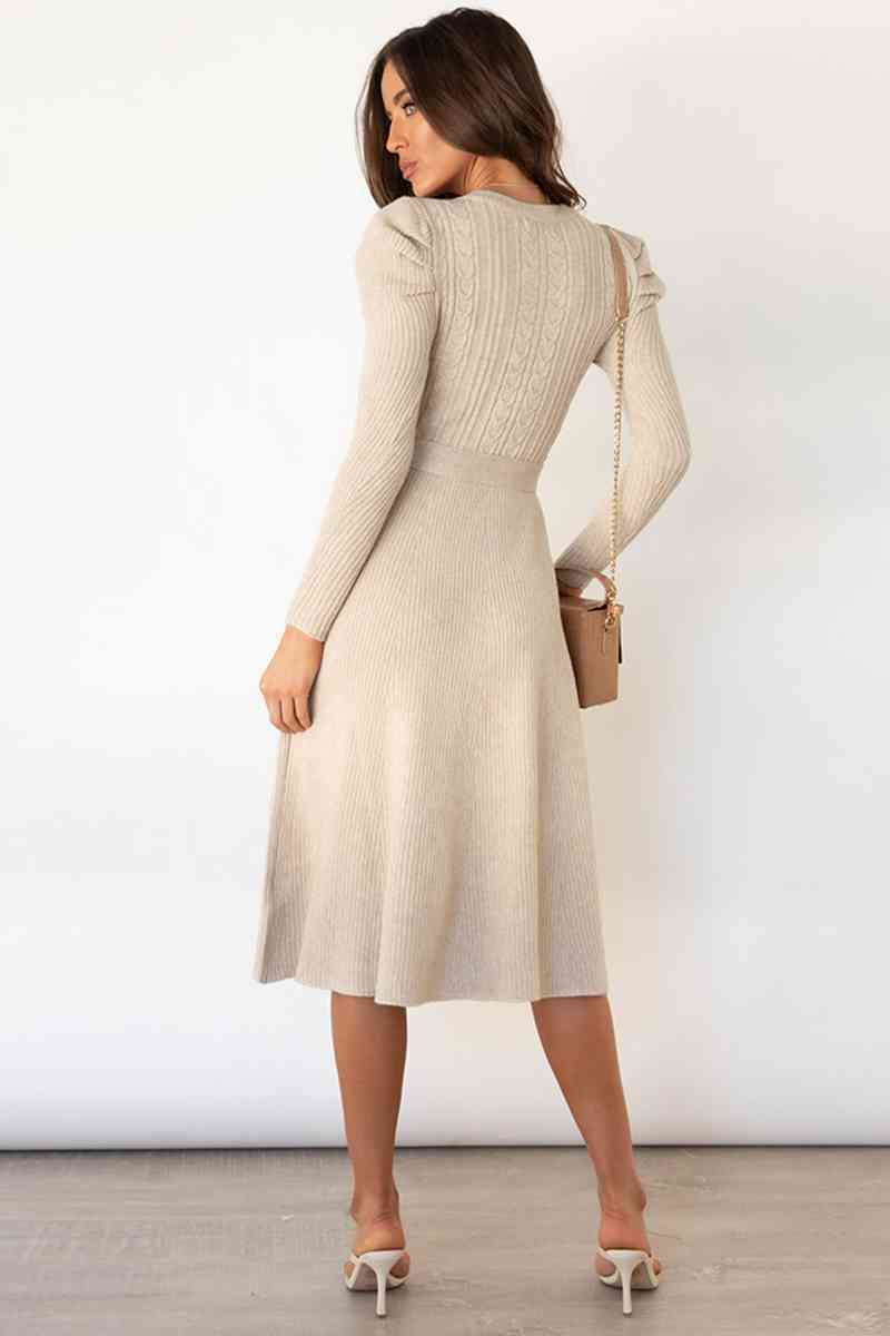 Round Neck Long Sleeve Tie Waist Sweater Dress