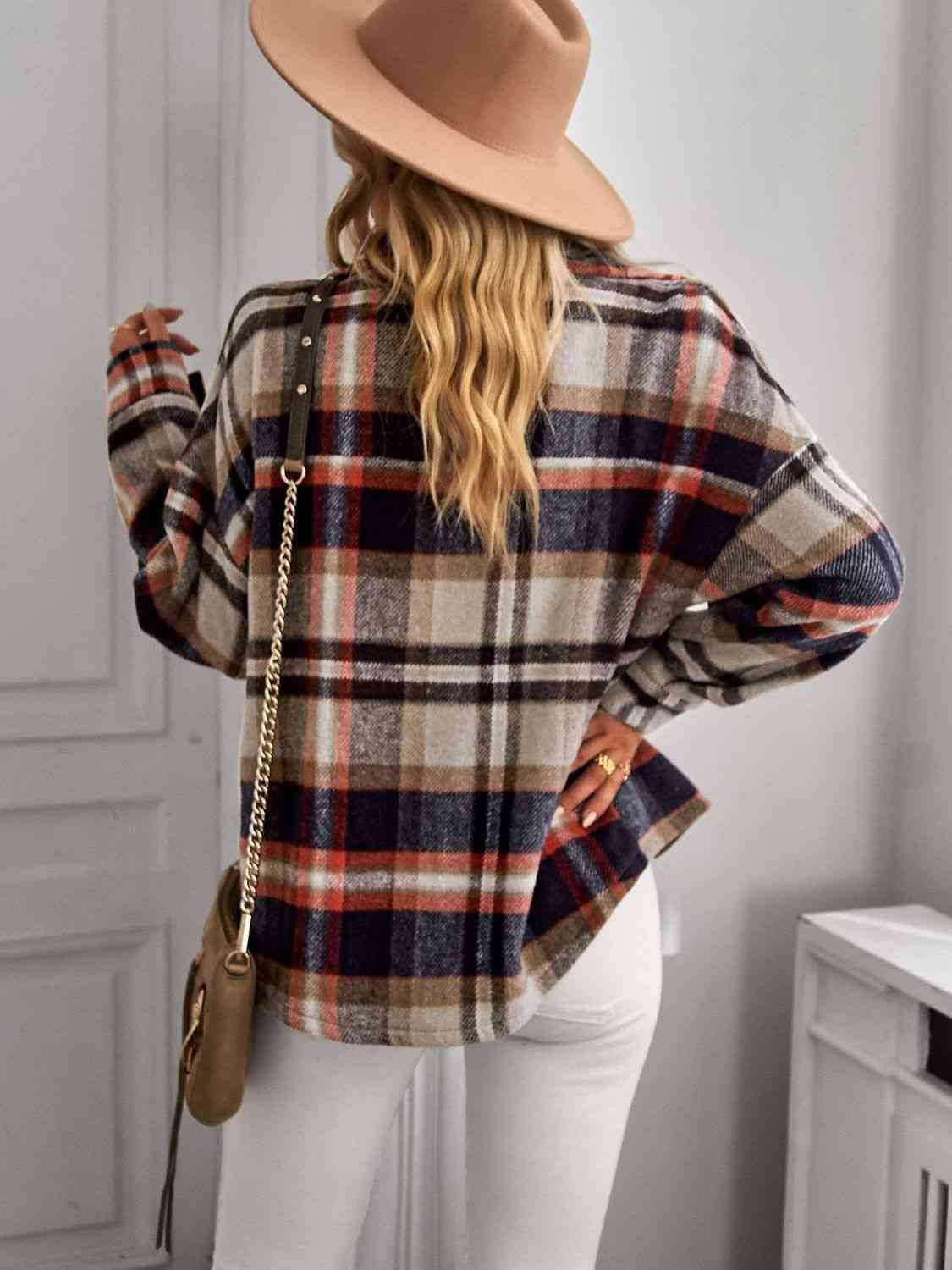 Double Take Plaid Button Front Brushed Shacket with Breast Pockets