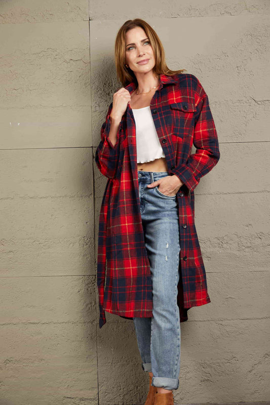 Double Take Plaid Belted Button Down Longline Shirt Jacket