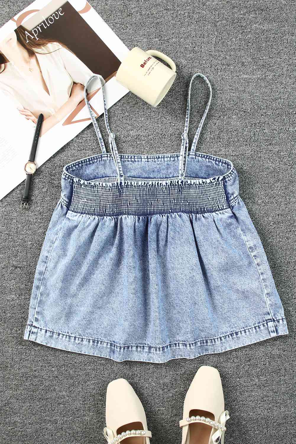 Smocked Adjustable Strap Denim Cami