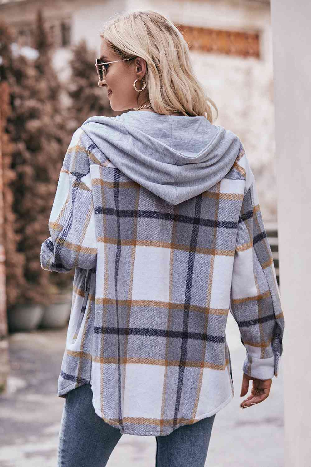 Plaid Dropped Shoulder Hooded Jacket