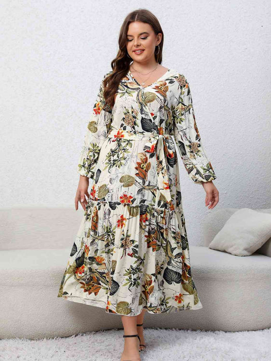 Plus Size Floral Tied Balloon Sleeve Midi Dress