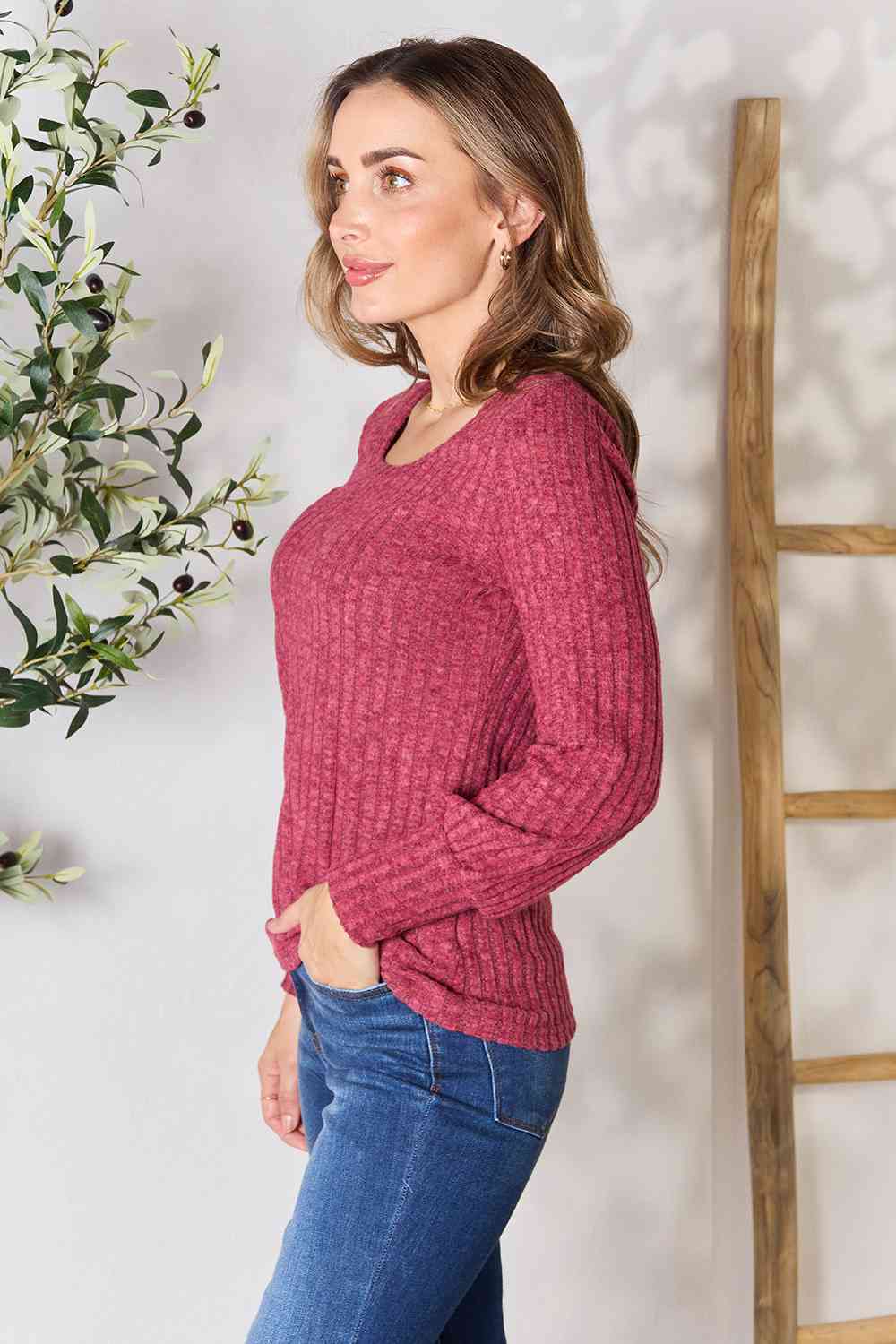 Double Take Ribbed Round Neck Lantern Sleeve Blouse