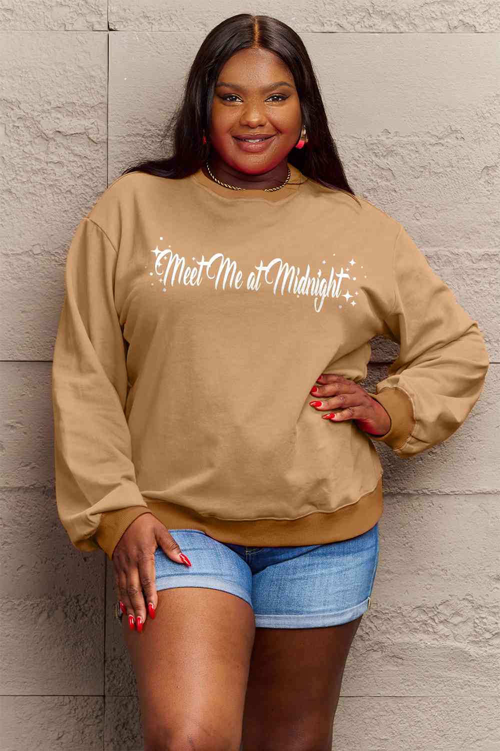 Simply Love Full Size MEET ME AT MIDNIGHT Graphic Round Neck Sweatshirt