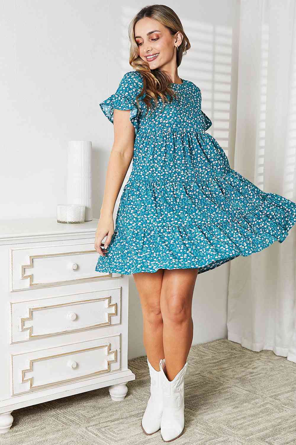 Double Take Short Flounce Sleeve Tiered Dress