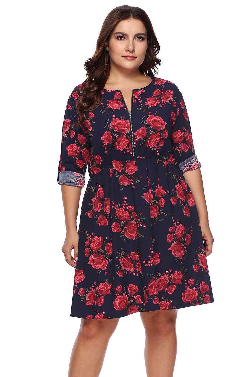 Plus Size Floral Print Half Zip Up Dress