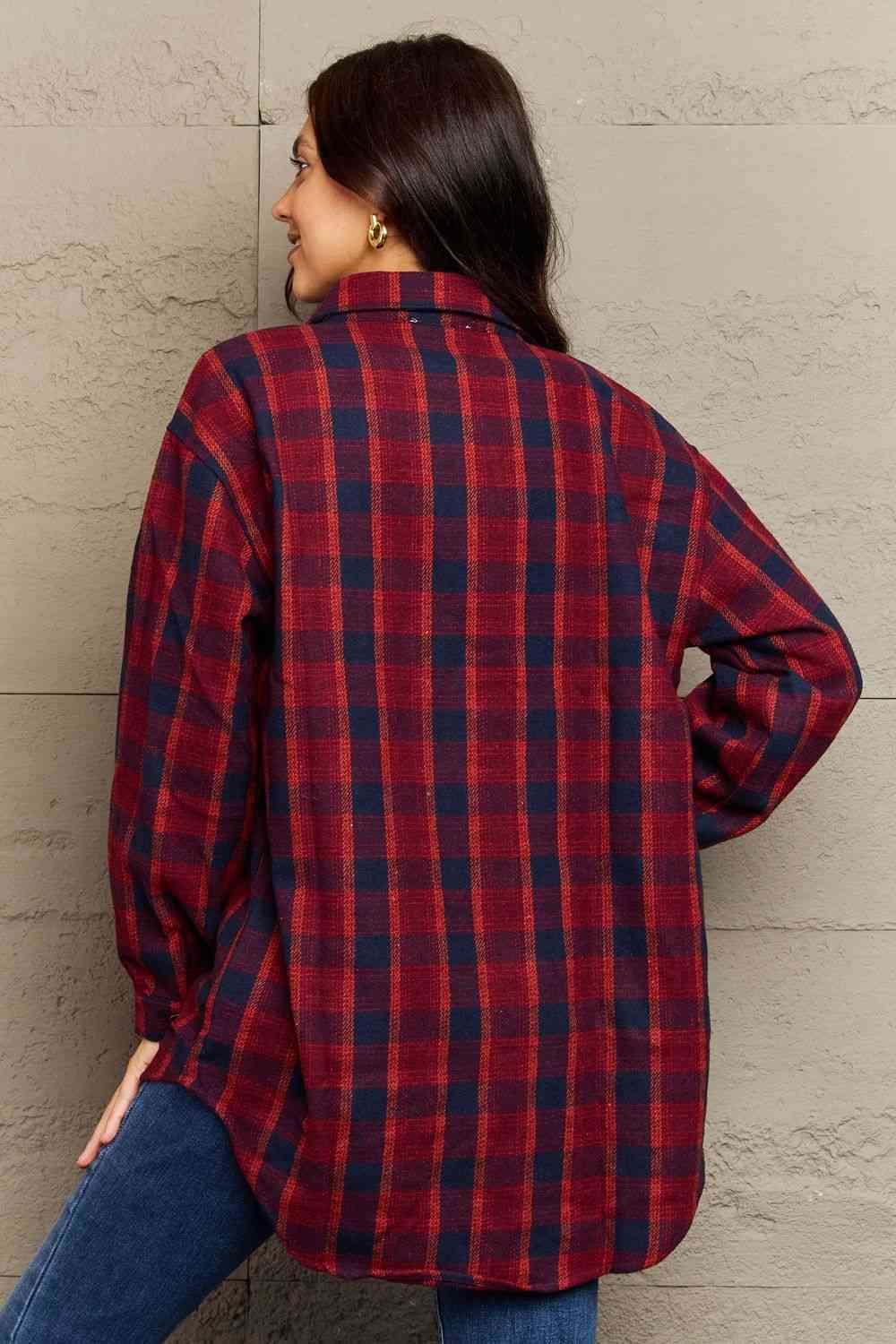 Ninexis Full Size Plaid Collared Neck Button-Down Long Sleeve Jacket