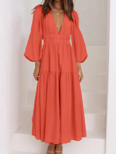 Deep V-Neck Balloon Sleeve Plain Maxi Dress