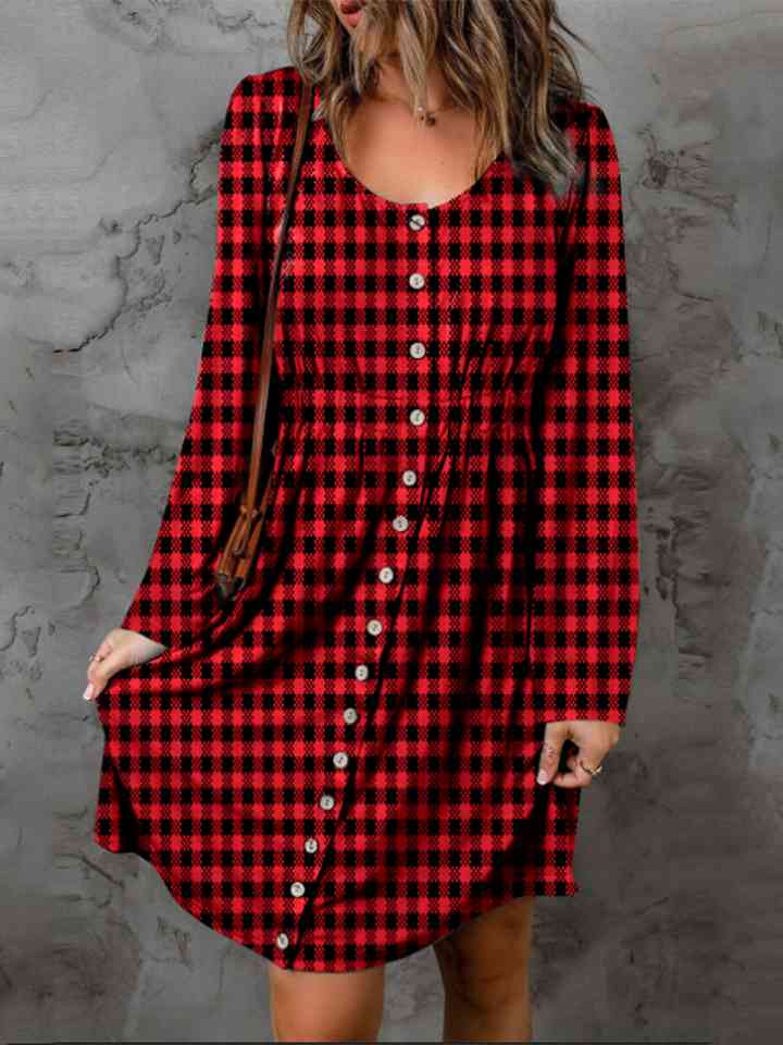 Full Size Plaid Round Neck Long Sleeve Magic Dress