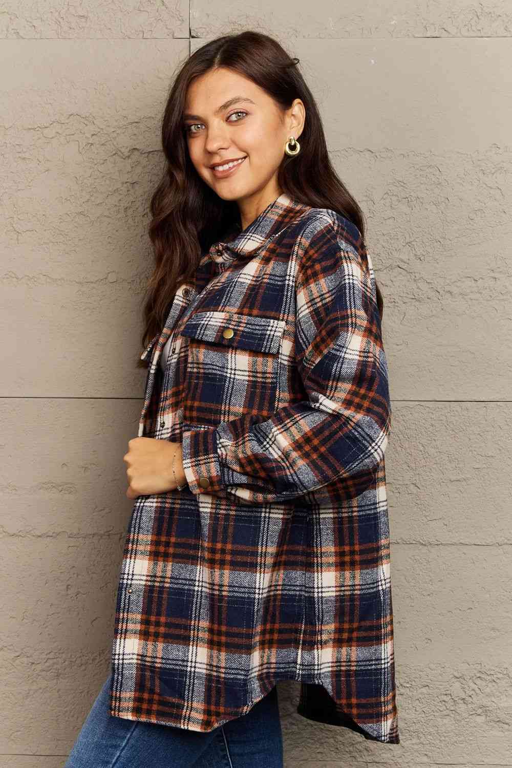 Ninexis Full Size Plaid Collared Neck Button-Down Long Sleeve Jacket