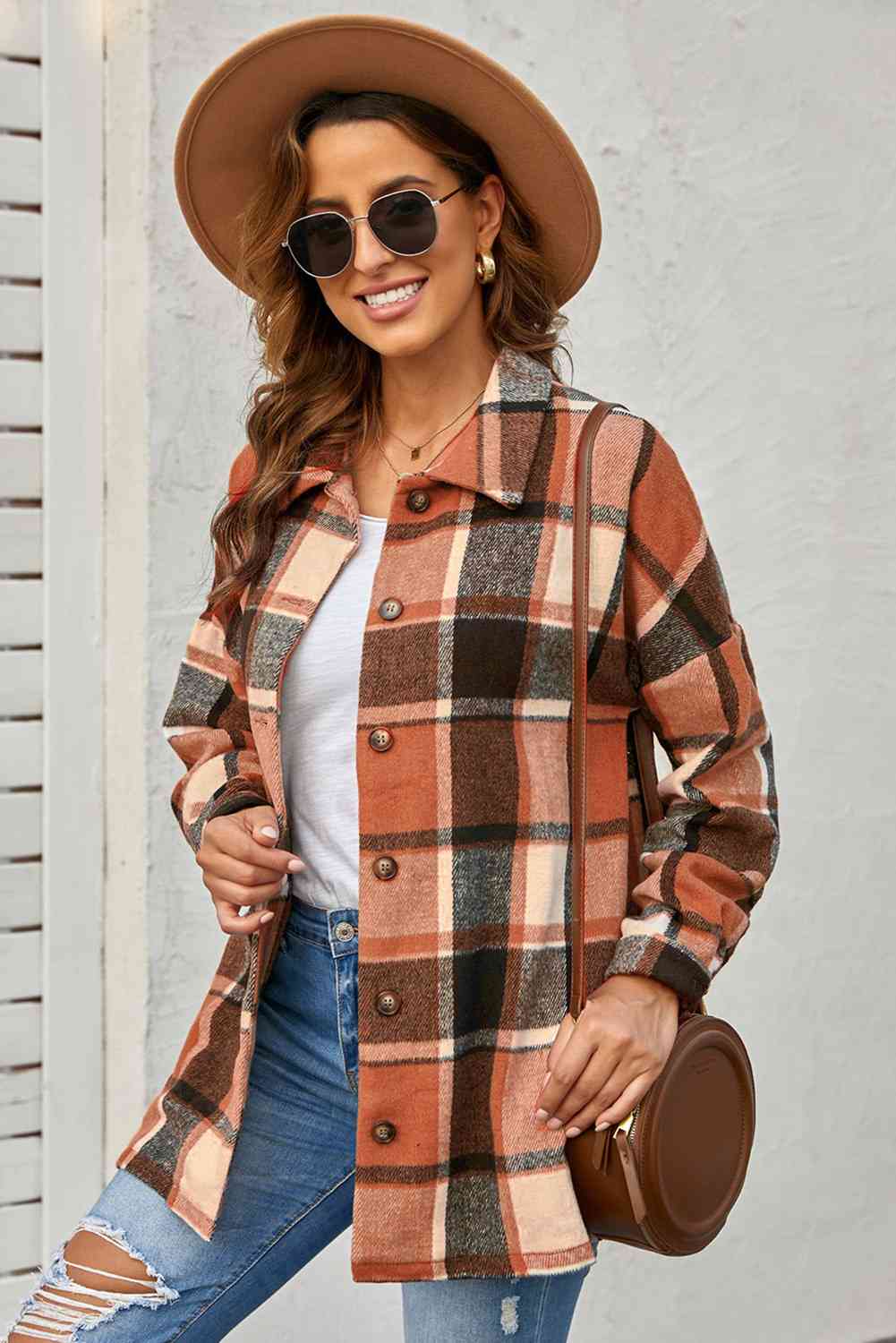 Double Take Plaid Dropped Shoulder Pocketed Shirt Jacket