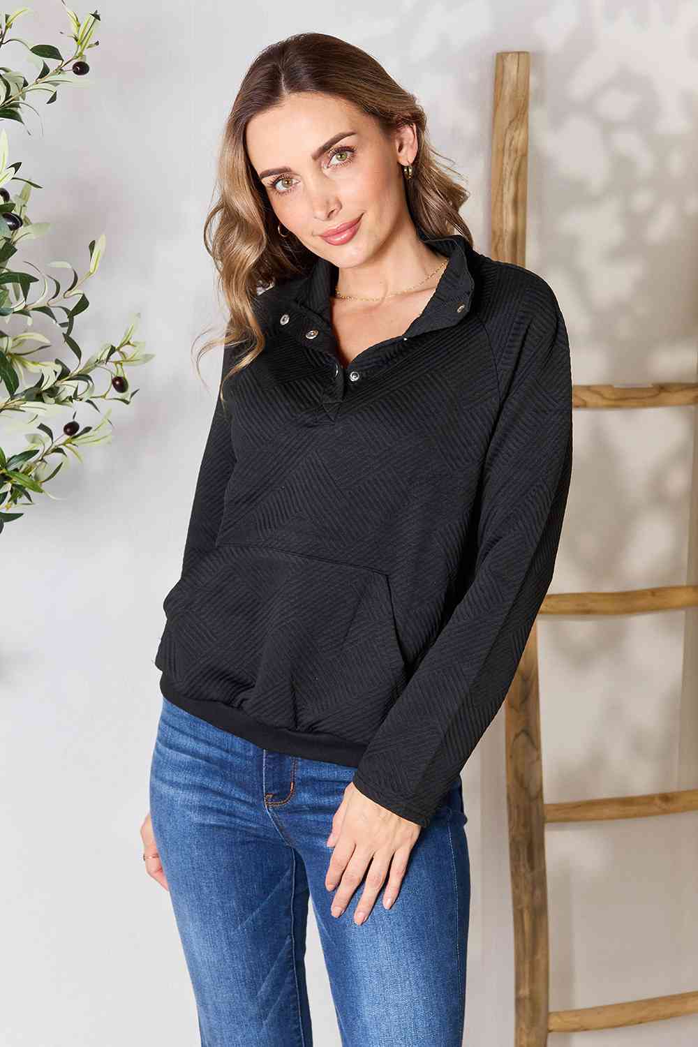 Double Take Half Buttoned Collared Neck Sweatshirt with Pocket