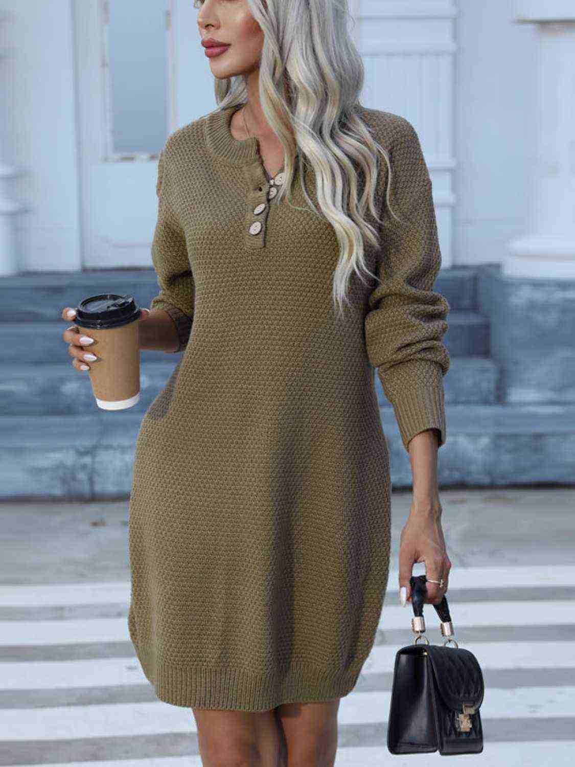 Buttoned Round Neck Long Sleeve Sweater Dress