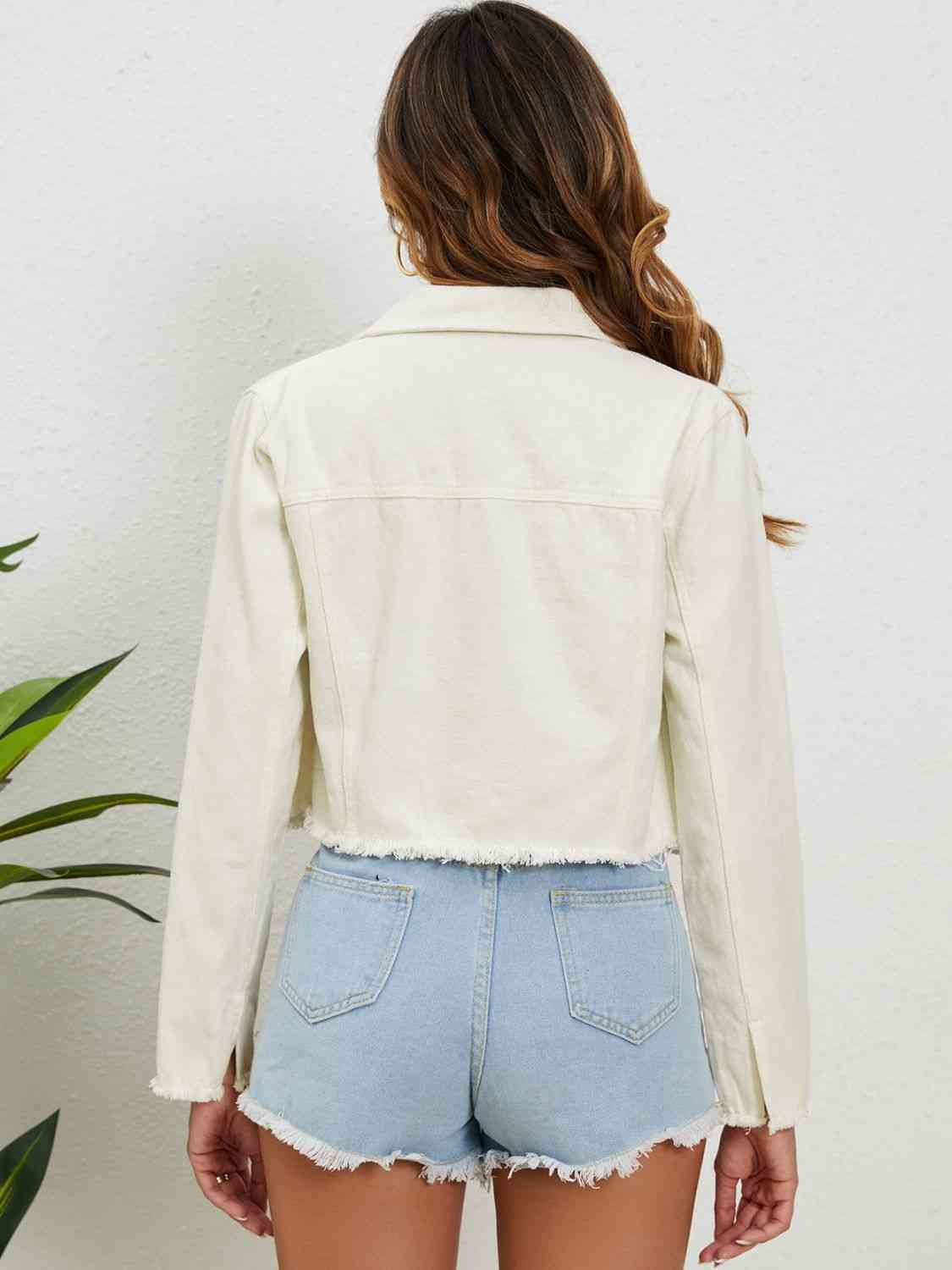 Collared Neck Raw Hem Denim Jacket