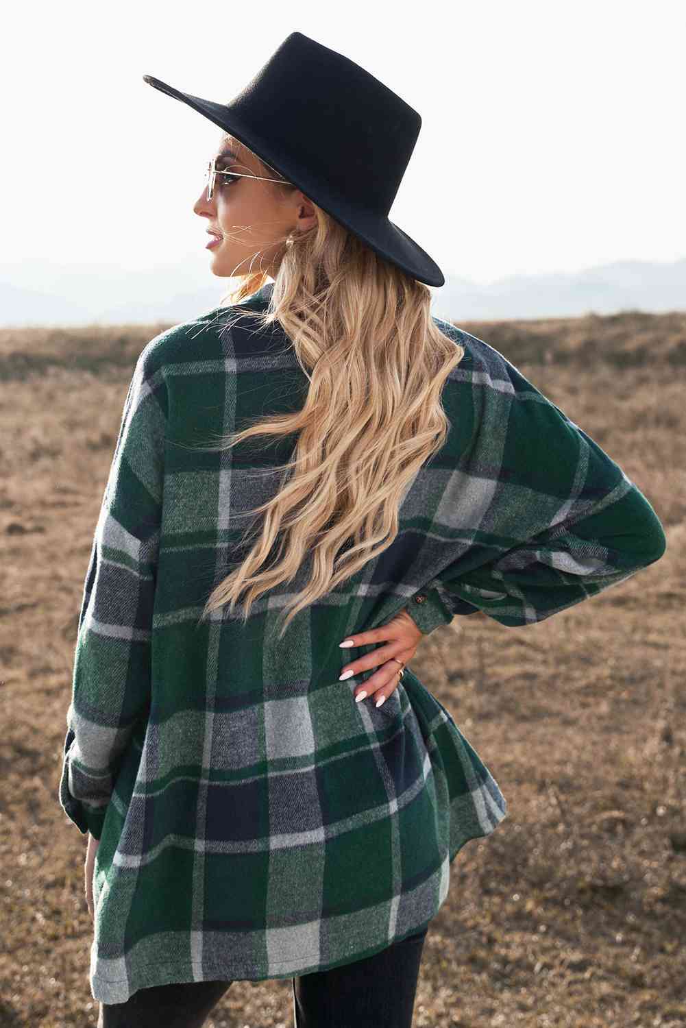 Double Take Plaid Dropped Shoulder Pocketed Shirt Jacket