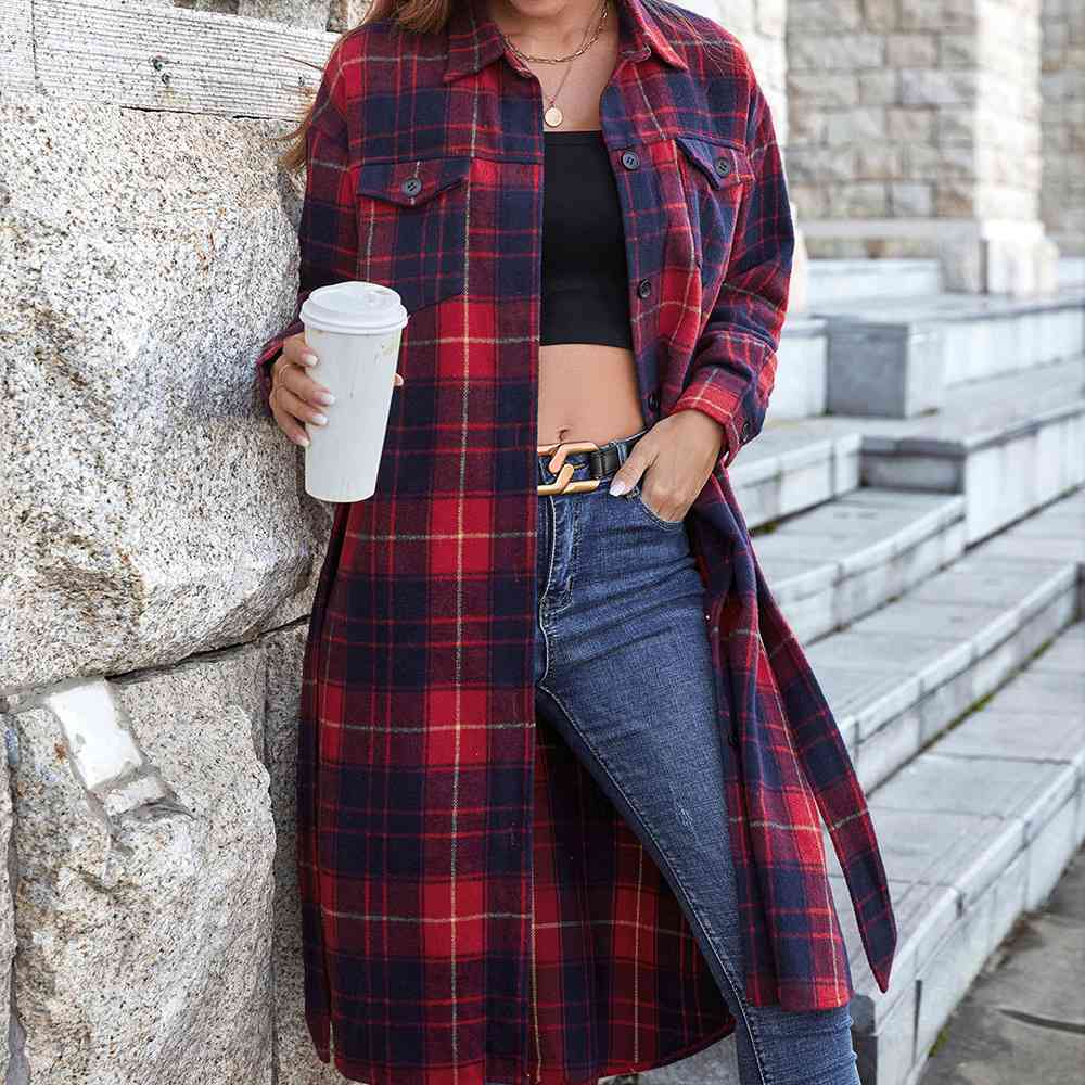 Double Take Plaid Belted Button Down Longline Shirt Jacket