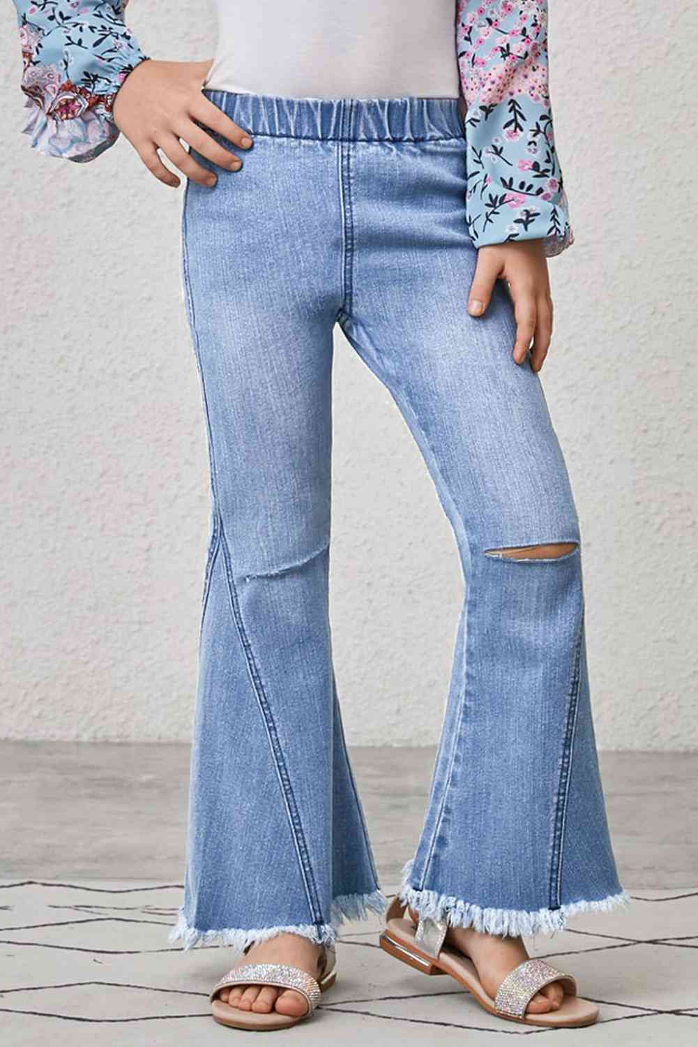 Girls Distressed Frayed Trim Flare Jeans