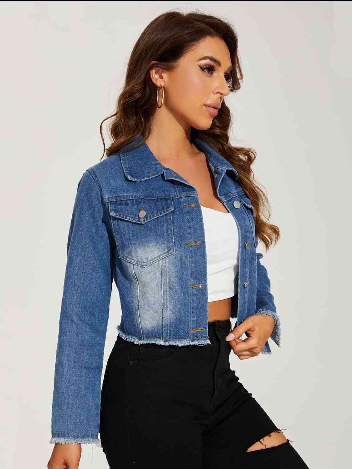 Collared Neck Raw Hem Denim Jacket