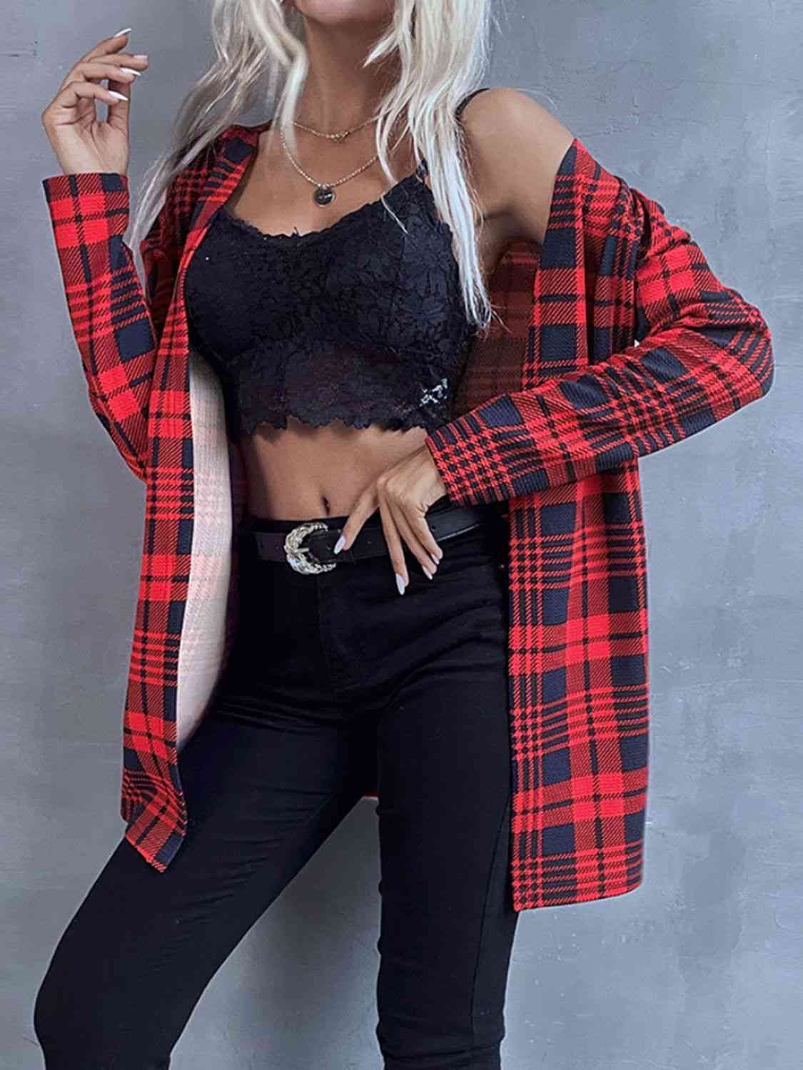 Plaid Open Front Longline Jacket