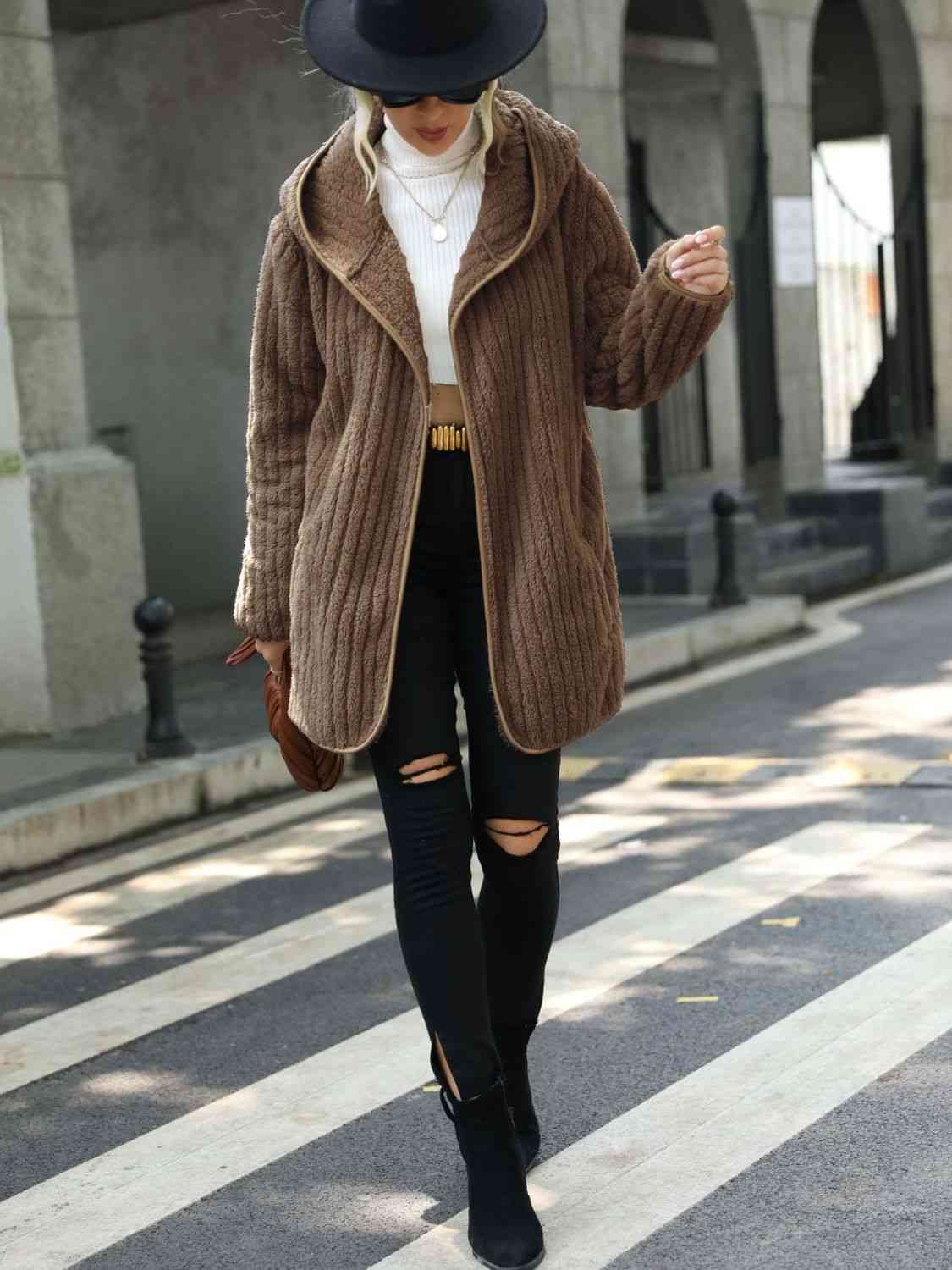 Open Front Ribbed Hooded Coat